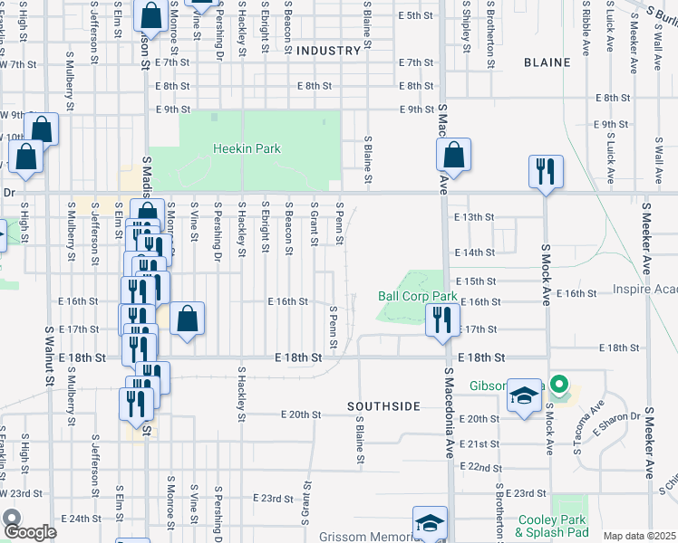 map of restaurants, bars, coffee shops, grocery stores, and more near 2100 South Penn Street in Muncie