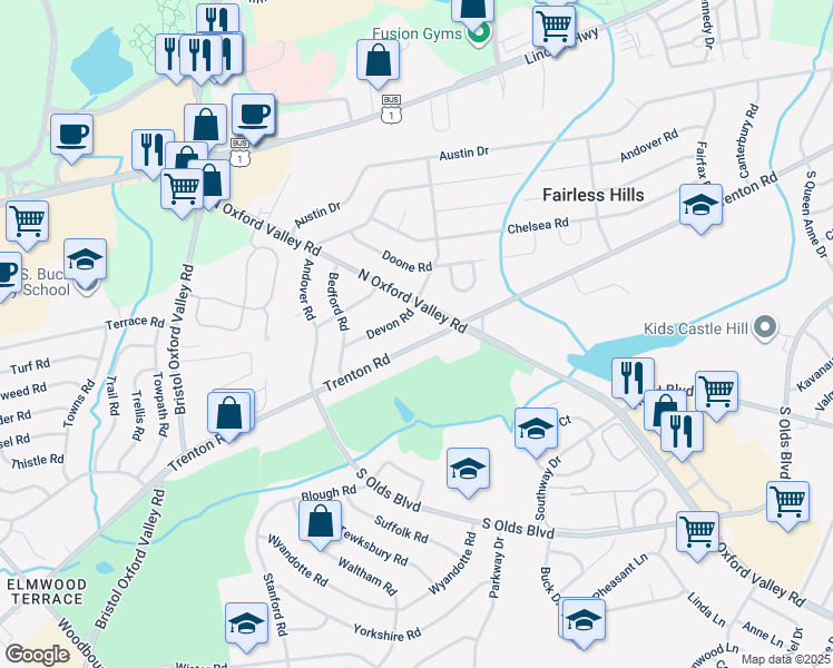 map of restaurants, bars, coffee shops, grocery stores, and more near 269 Trenton Road in Fairless Hills