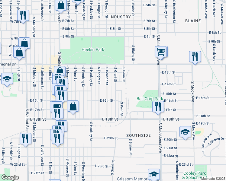 map of restaurants, bars, coffee shops, grocery stores, and more near 2107 South Grant Street in Muncie