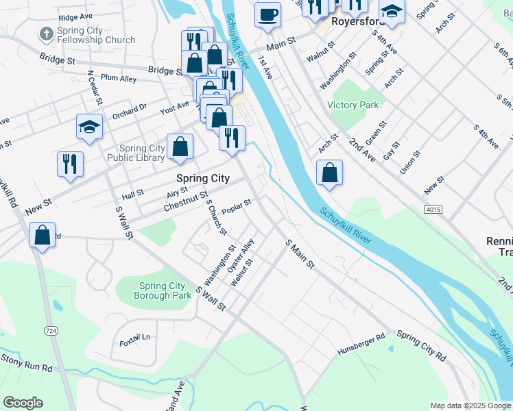 map of restaurants, bars, coffee shops, grocery stores, and more near 208 South Main Street in Spring City