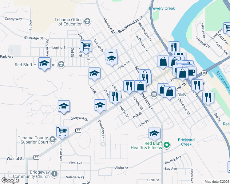 map of restaurants, bars, coffee shops, grocery stores, and more near 905 Johnson Street in Red Bluff