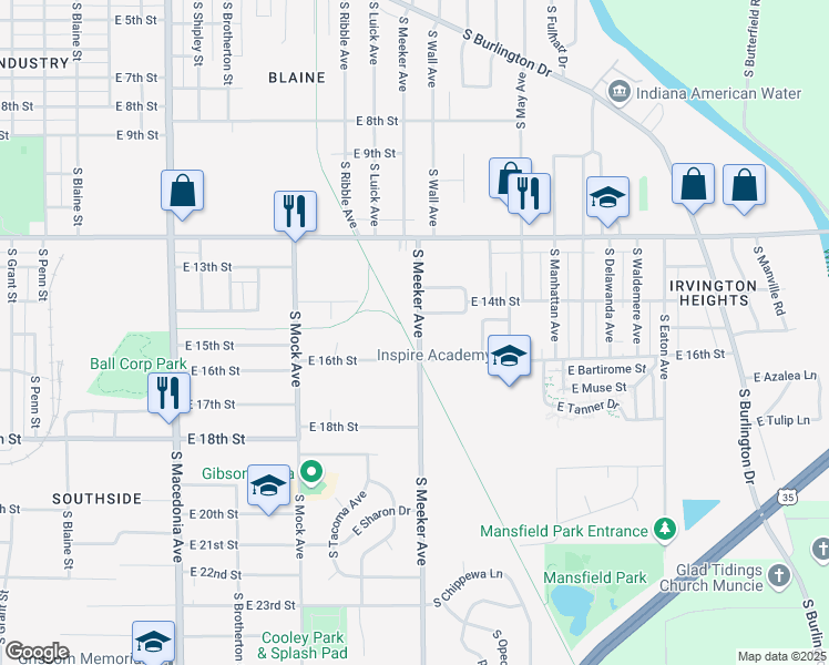 map of restaurants, bars, coffee shops, grocery stores, and more near 2203 South Meeker Avenue in Muncie