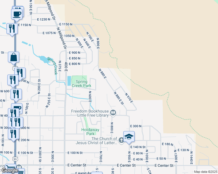 map of restaurants, bars, coffee shops, grocery stores, and more near 663 North 880 East in Springville