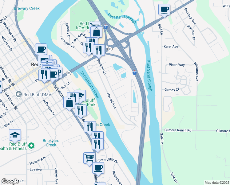 map of restaurants, bars, coffee shops, grocery stores, and more near 30 Mina Avenue in Red Bluff