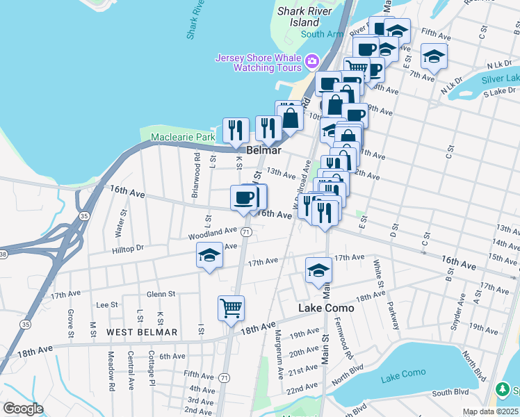 map of restaurants, bars, coffee shops, grocery stores, and more near 1320 H Street in Belmar