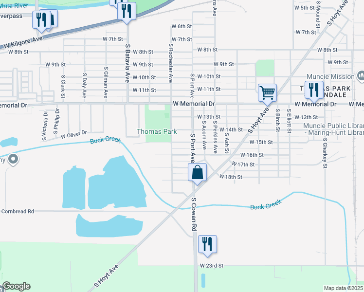 map of restaurants, bars, coffee shops, grocery stores, and more near 1820 West 15th Street in Muncie