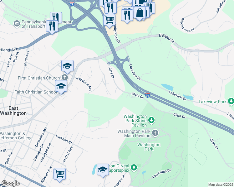map of restaurants, bars, coffee shops, grocery stores, and more near 203 Clare Drive in Washington