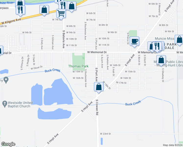 map of restaurants, bars, coffee shops, grocery stores, and more near 1801 West 15th Street in Muncie
