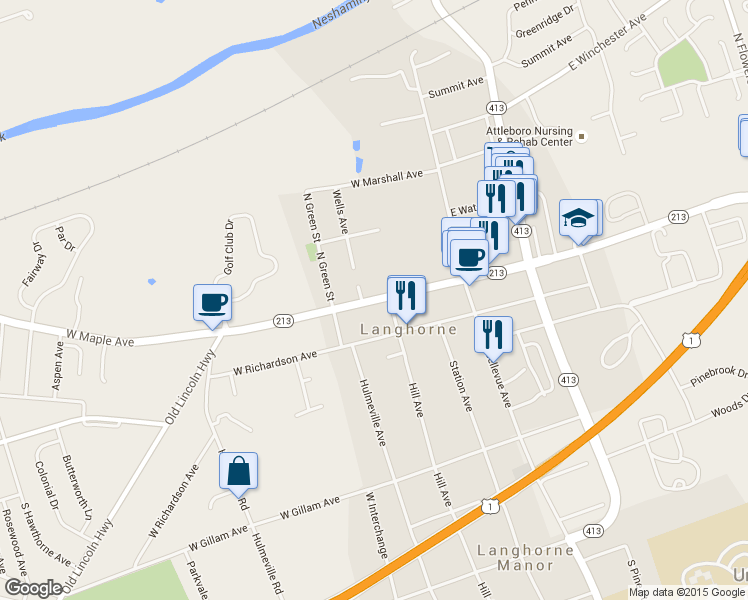 map of restaurants, bars, coffee shops, grocery stores, and more near 225 West Maple Avenue in Langhorne