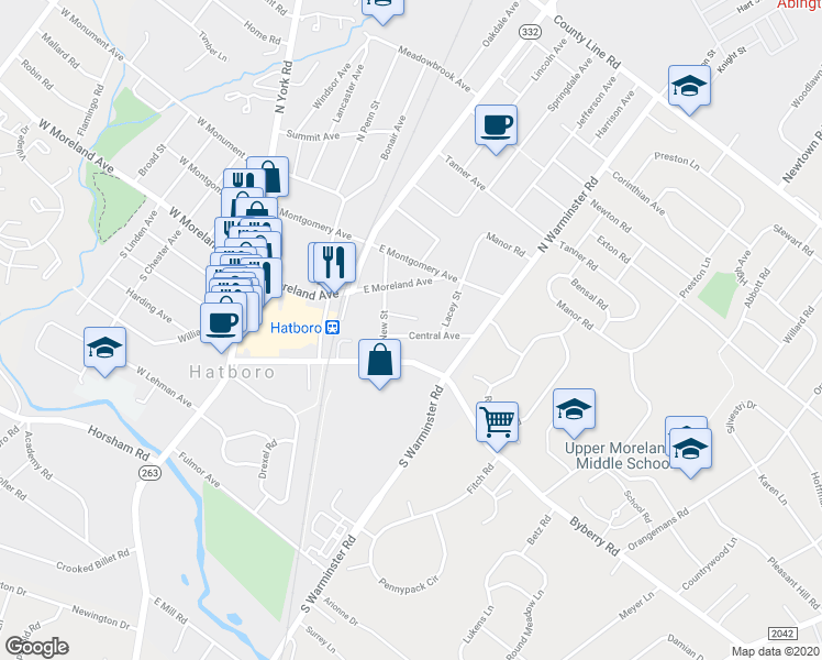 map of restaurants, bars, coffee shops, grocery stores, and more near 225 Central Avenue in Hatboro