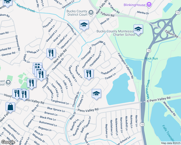 map of restaurants, bars, coffee shops, grocery stores, and more near 5 Thimbleberry Lane in Levittown