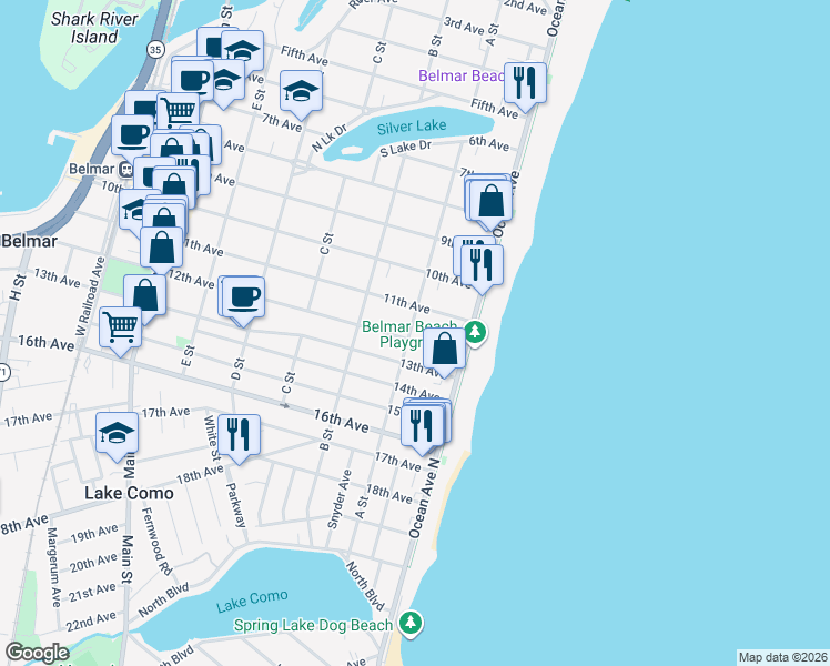 map of restaurants, bars, coffee shops, grocery stores, and more near 115 11th Avenue in Belmar
