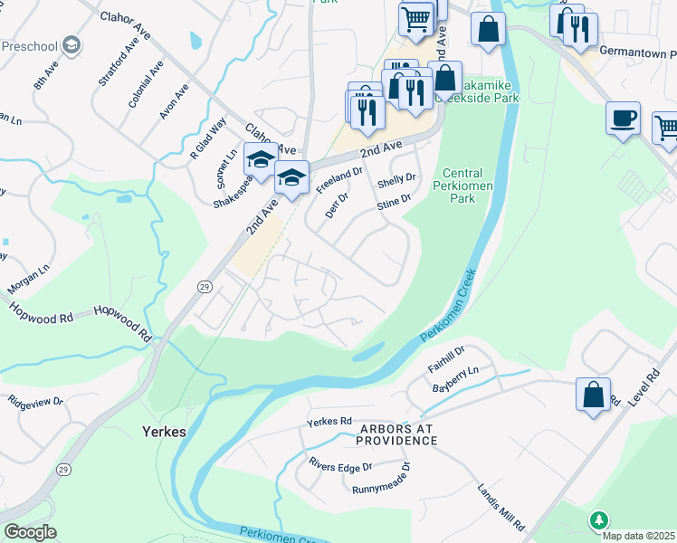 map of restaurants, bars, coffee shops, grocery stores, and more near 121 Pepper Drive in Collegeville