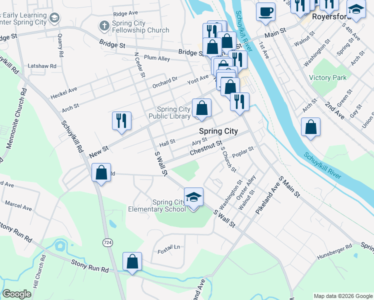 map of restaurants, bars, coffee shops, grocery stores, and more near 311 Airy Street in Spring City