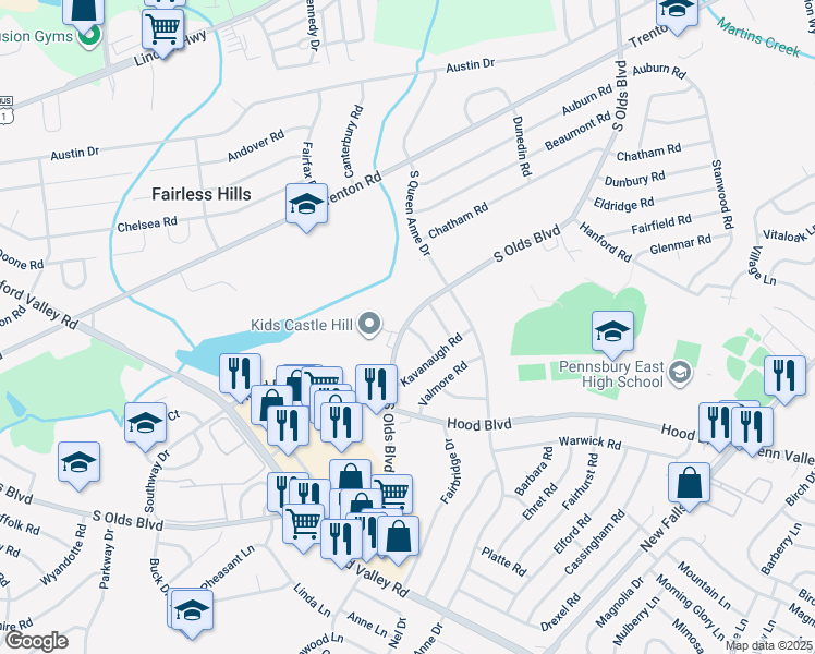 map of restaurants, bars, coffee shops, grocery stores, and more near 404 Placemont Road in Fairless Hills