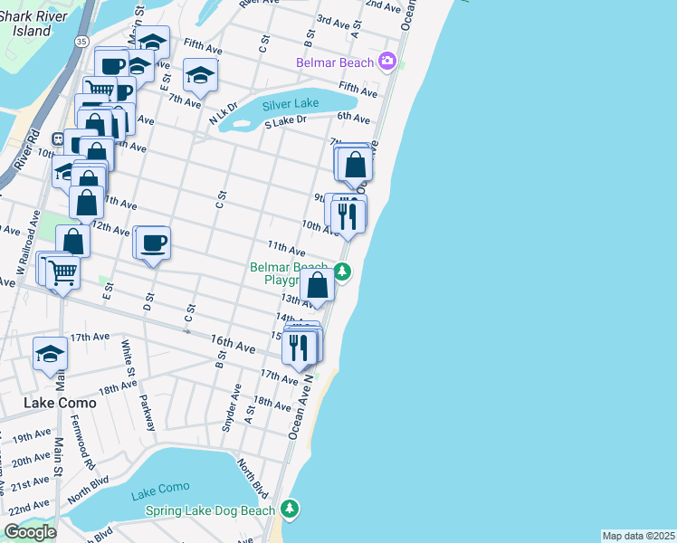 map of restaurants, bars, coffee shops, grocery stores, and more near 102 11th Avenue in Belmar