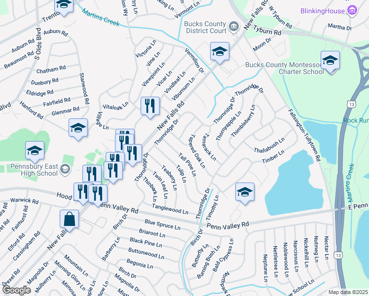 map of restaurants, bars, coffee shops, grocery stores, and more near 3 Top Hill Lane in Levittown