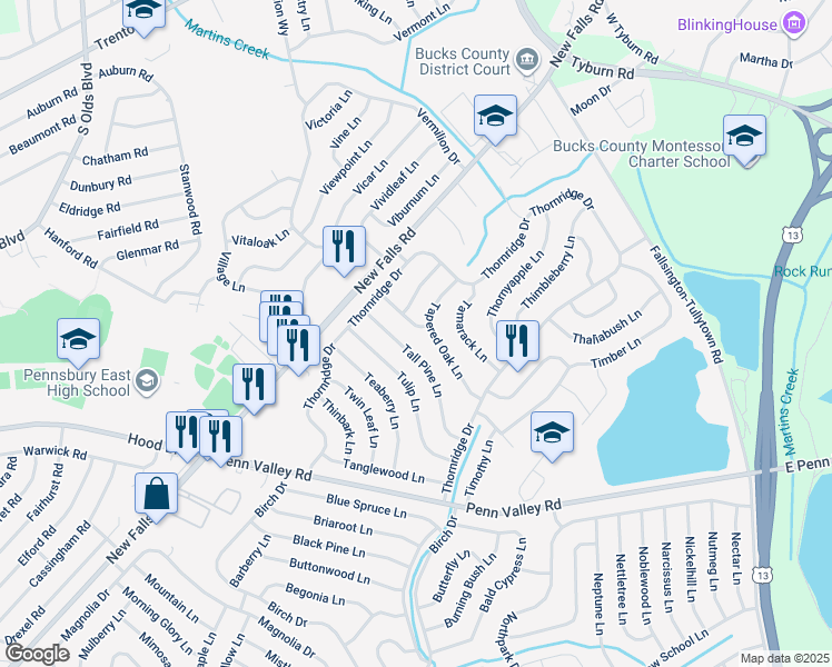 map of restaurants, bars, coffee shops, grocery stores, and more near 3 Top Hill Lane in Levittown