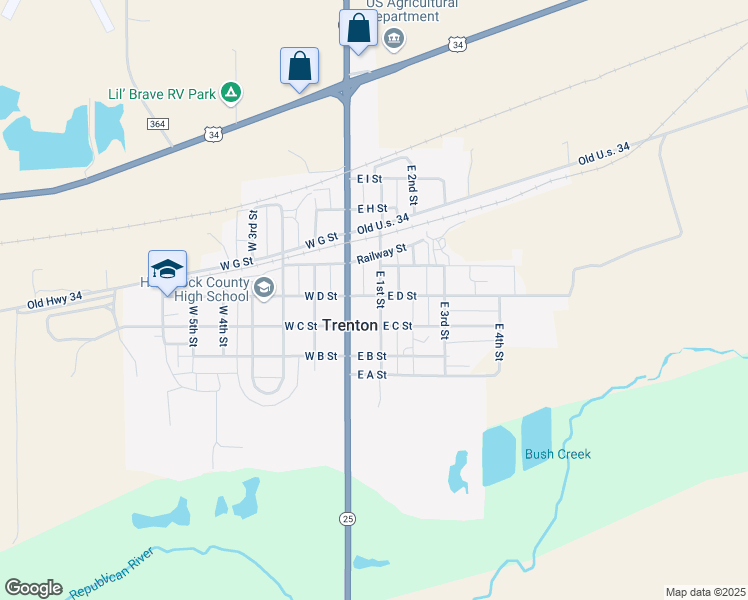 map of restaurants, bars, coffee shops, grocery stores, and more near 124 East D Street in Trenton