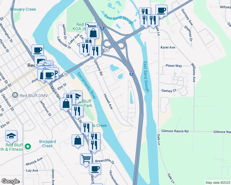 map of restaurants, bars, coffee shops, grocery stores, and more near 55 Mina Avenue in Red Bluff