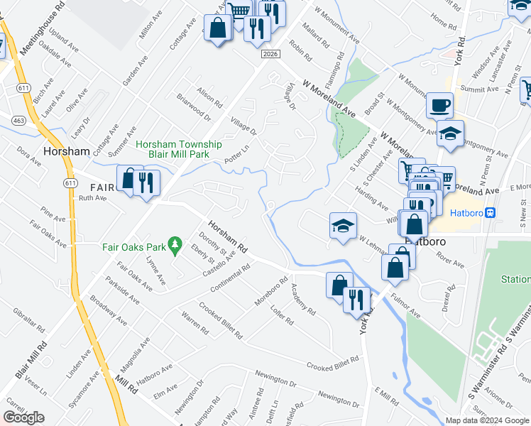 map of restaurants, bars, coffee shops, grocery stores, and more near 300 Horsham Road in Hatboro