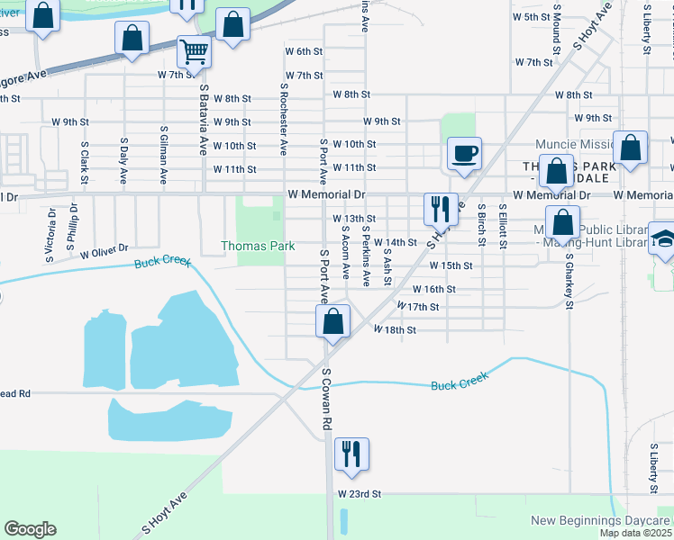 map of restaurants, bars, coffee shops, grocery stores, and more near 1609 West 15th Street in Muncie
