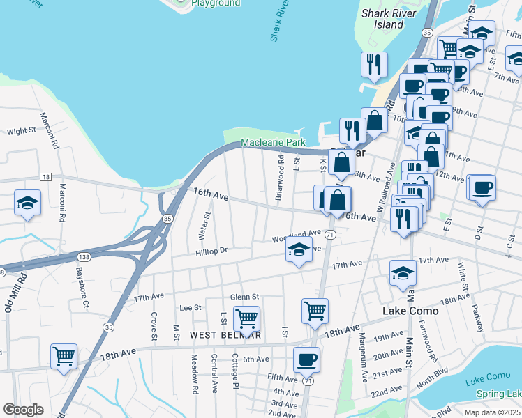 map of restaurants, bars, coffee shops, grocery stores, and more near 1210 16th Avenue in Belmar