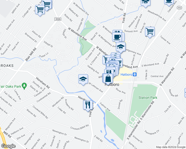 map of restaurants, bars, coffee shops, grocery stores, and more near 34 Harding Avenue in Hatboro