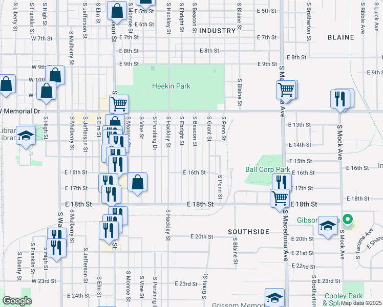 map of restaurants, bars, coffee shops, grocery stores, and more near 2113 South Beacon Street in Muncie