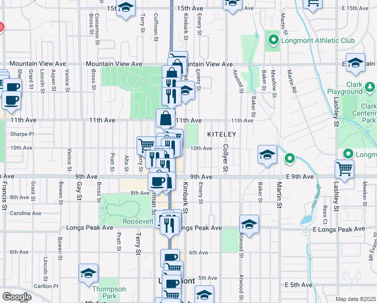 map of restaurants, bars, coffee shops, grocery stores, and more near 940 Kimbark Street in Longmont