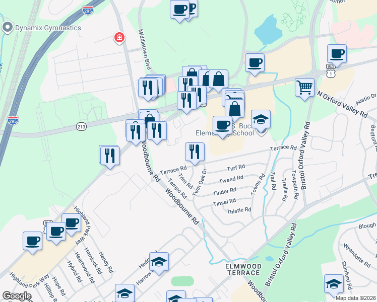 map of restaurants, bars, coffee shops, grocery stores, and more near 201 Woodbourne Road in Levittown