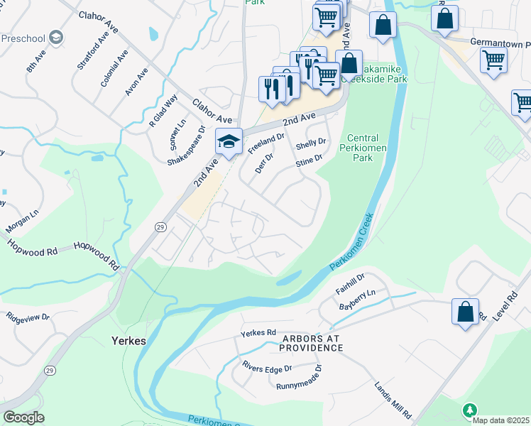 map of restaurants, bars, coffee shops, grocery stores, and more near 119 Pepper Drive in Collegeville