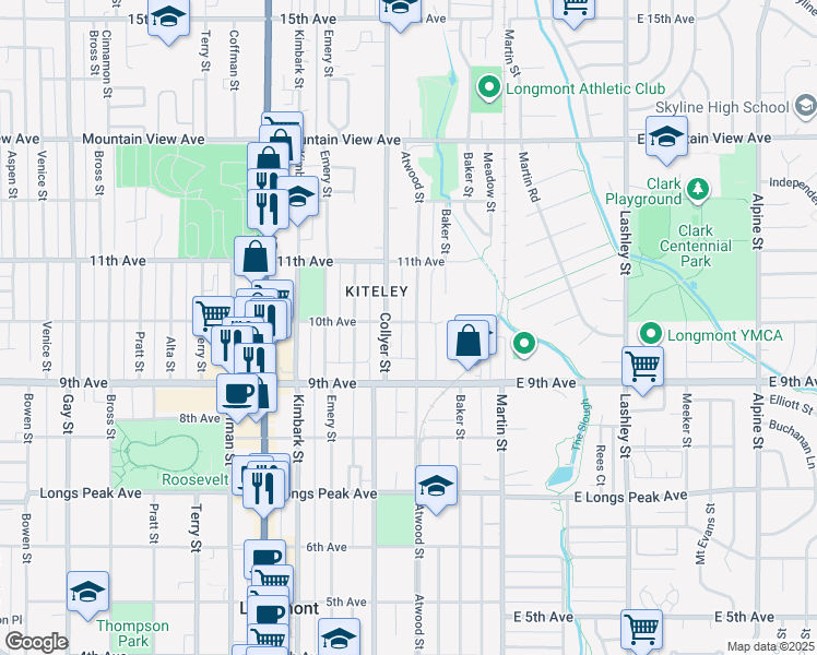 map of restaurants, bars, coffee shops, grocery stores, and more near 947 Atwood Street in Longmont