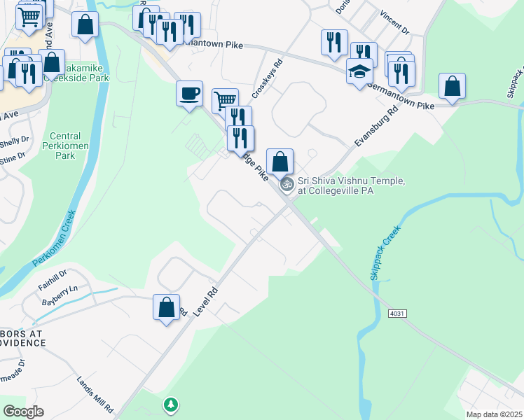 map of restaurants, bars, coffee shops, grocery stores, and more near 101 Lattice Lane in Collegeville