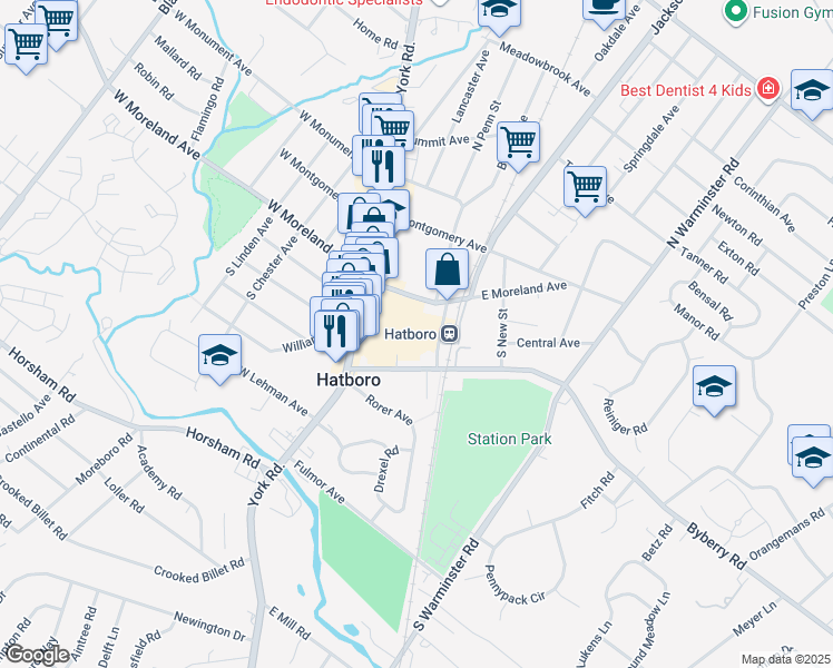 map of restaurants, bars, coffee shops, grocery stores, and more near 50 South Penn Street in Hatboro