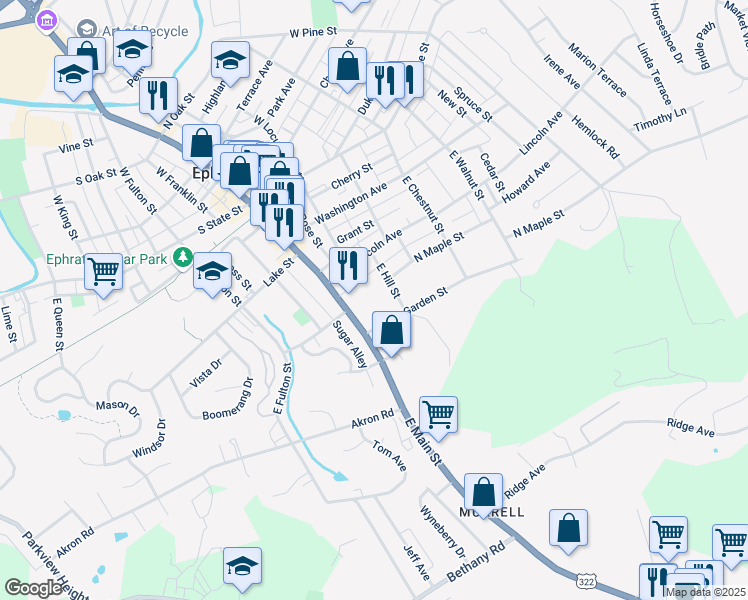 map of restaurants, bars, coffee shops, grocery stores, and more near 320 East Main Street in Ephrata