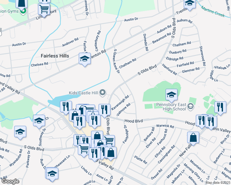 map of restaurants, bars, coffee shops, grocery stores, and more near 518 South Olds Boulevard in Fairless Hills