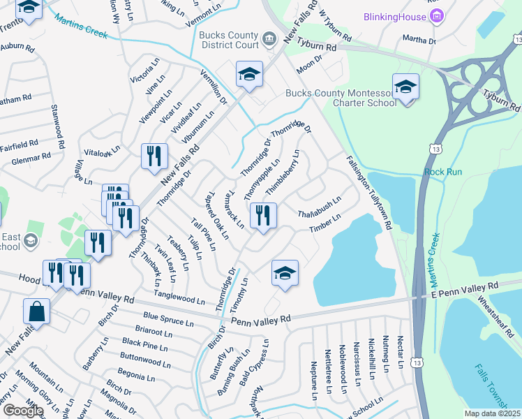 map of restaurants, bars, coffee shops, grocery stores, and more near 5 Thimbleberry Lane in Levittown