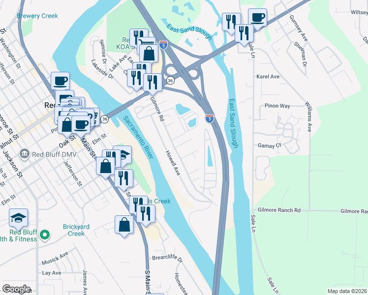 map of restaurants, bars, coffee shops, grocery stores, and more near 55 Mina Avenue in Red Bluff