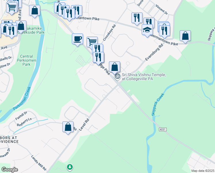 map of restaurants, bars, coffee shops, grocery stores, and more near 101 Lattice Lane in Collegeville