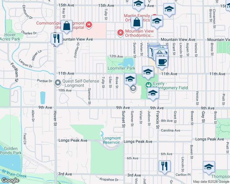 map of restaurants, bars, coffee shops, grocery stores, and more near 951 Rose Street in Longmont