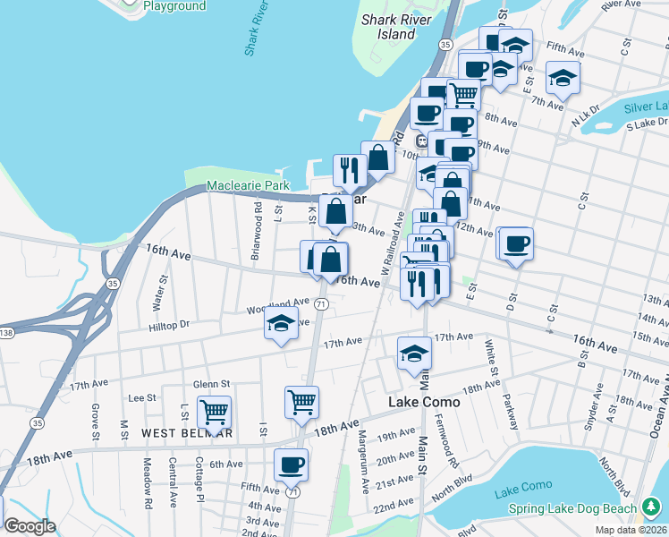 map of restaurants, bars, coffee shops, grocery stores, and more near 1320 H Street in Belmar