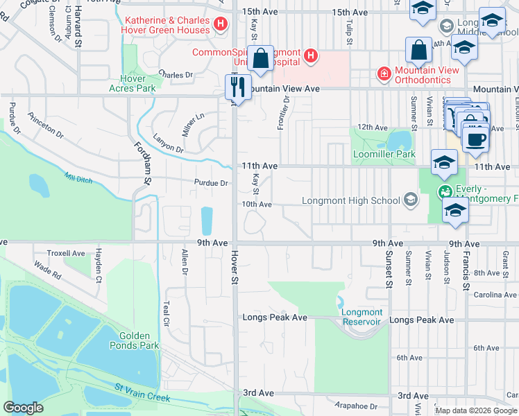 map of restaurants, bars, coffee shops, grocery stores, and more near 1000 Kay Street in Longmont