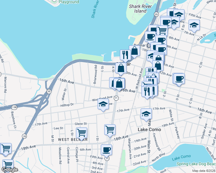 map of restaurants, bars, coffee shops, grocery stores, and more near 920 16th Avenue in Belmar