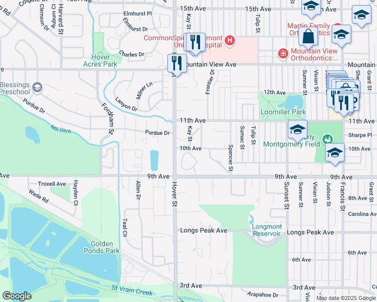 map of restaurants, bars, coffee shops, grocery stores, and more near 1000 Kay Street in Longmont