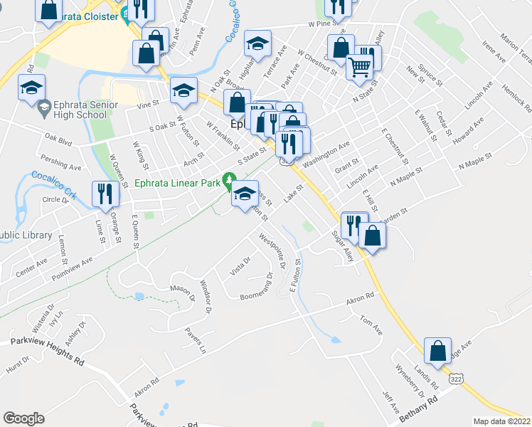 map of restaurants, bars, coffee shops, grocery stores, and more near 90 East Fulton Street in Ephrata