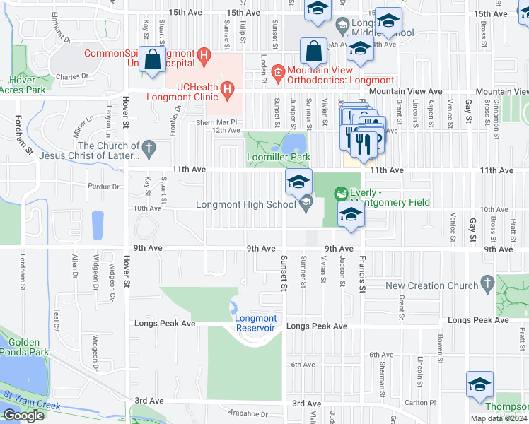 map of restaurants, bars, coffee shops, grocery stores, and more near 1006 Lilac Street in Longmont