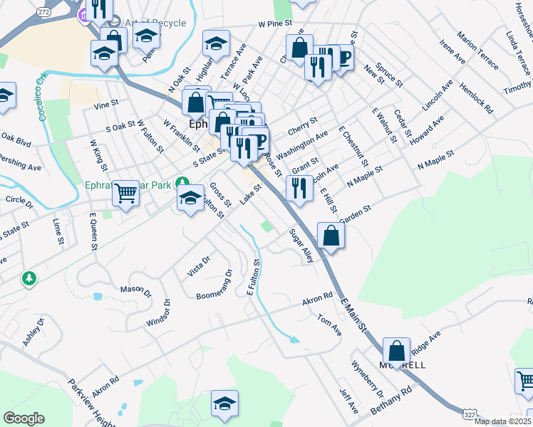 map of restaurants, bars, coffee shops, grocery stores, and more near 156 East Franklin Street in Ephrata
