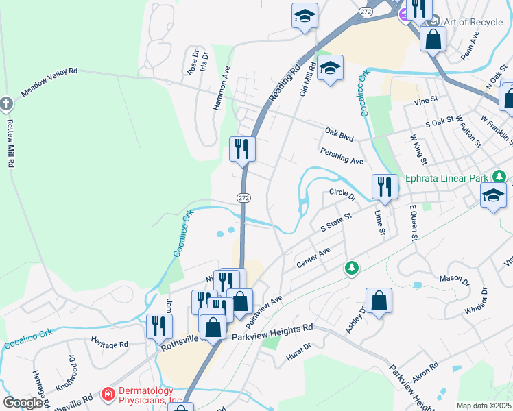 map of restaurants, bars, coffee shops, grocery stores, and more near 172 Old Mill Road in Ephrata