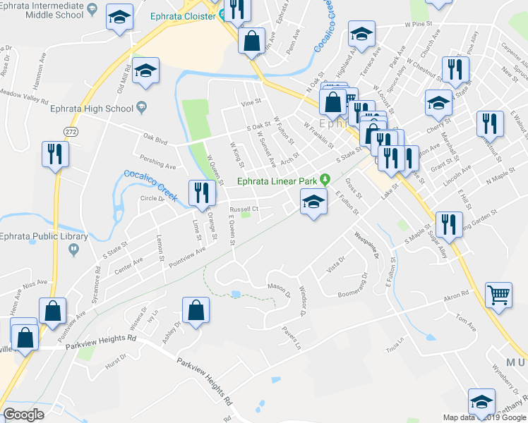 map of restaurants, bars, coffee shops, grocery stores, and more near 14 East King Street in Ephrata